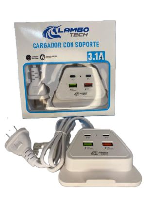 Imagen de CARGADOR CELULAR C/SOPORTE 3.1A 2 USB + 2 USB TIPO C