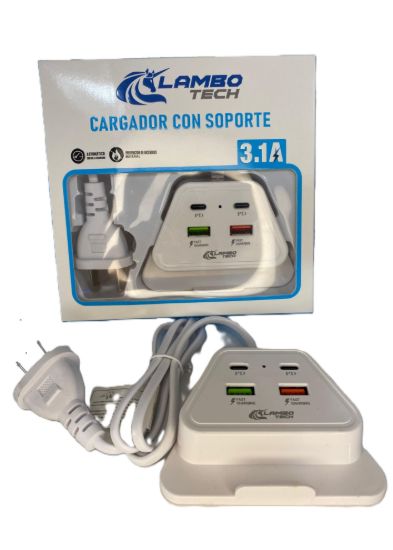 Imagen de CARGADOR CELULAR C/SOPORTE 3.1A 2 USB + 2 USB TIPO C